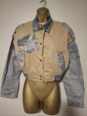 Two-Tone Tan and Washed Denim Print⁸ Cropped Jacket